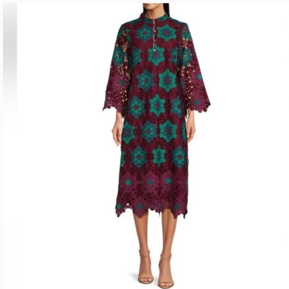 J. Marie Raven Madarin Elegant Lace Long Sleeve Dress - Burgundy and Teal XS